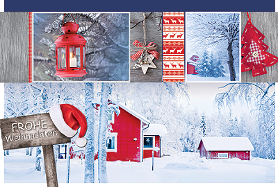 Stilvolle Weihnachtskarte mit winterlichen skandinavischen Fotomotiven
