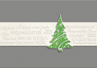 Weihnachtskarte aus grauem Karton mit Tannenbaum aus grüner Heißfolienprägung